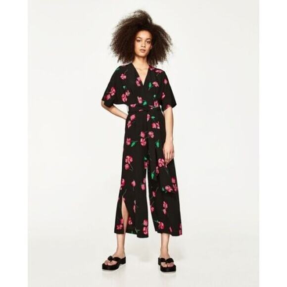 Zara Floral Jumpsuit Tie Waist Short Sleeve Slit Cropped Wide Leg Black Large - Picture 10 of 10